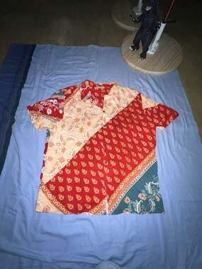 Earthbound Trading Co. Red and Orange Patchwork Floral Short Sleeve Button-Down